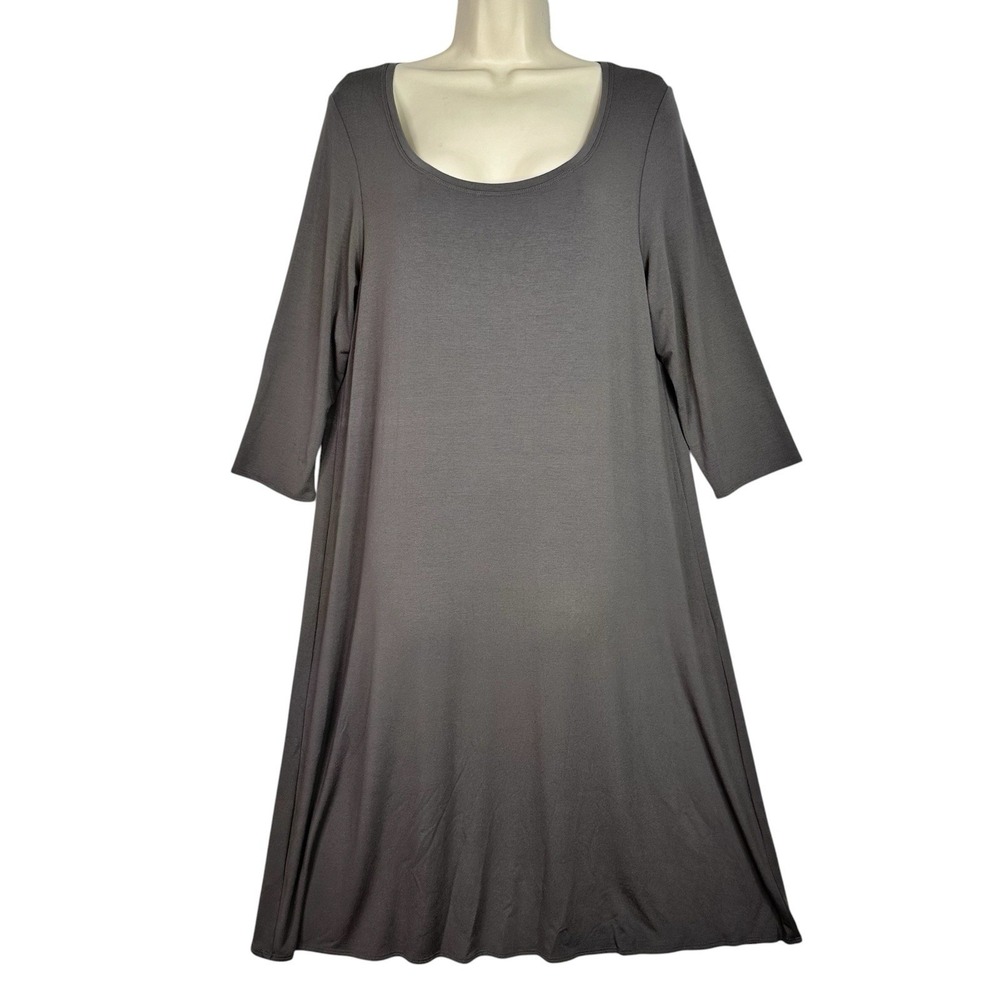 Eileen Fisher Midi Dress Large Taupe Viscose Jersey A-Line 3/4 Sleeve Mde in USA